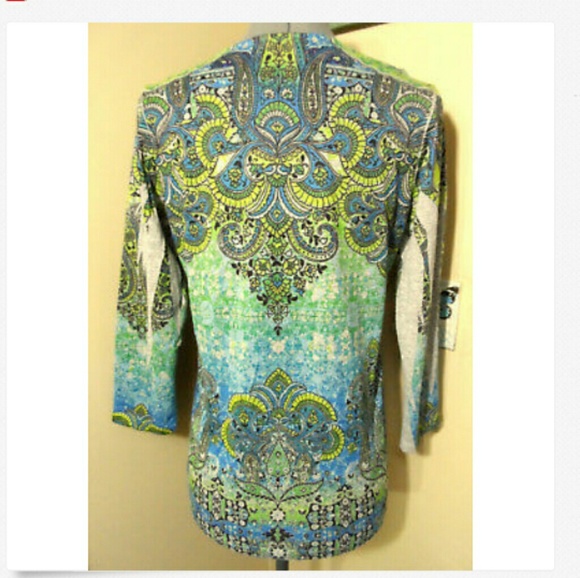 CHRISTOPHER & BANKS Beaded Top S Blue Green V-neck beautiful medallion Boho prin - Picture 5 of 7
